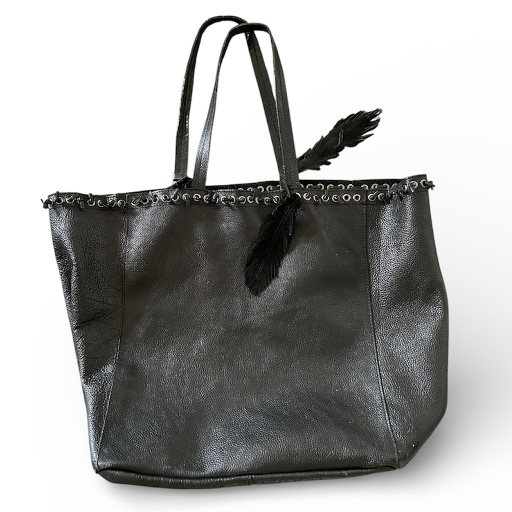 Zara Black Leather Tote with Feather Detail and mini purse